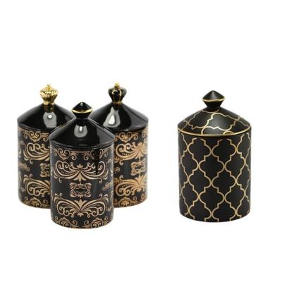 China Wholesale Custom Unique Empty Luxury Black White Ceramic Home Decoration Large Candle Jars With Lid for sale