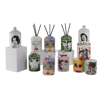 China Home Decoration Custom Printed Ceramic Girl Woman Face Porcelain Jar Candle Holders With Lids For Luxury Candle for sale