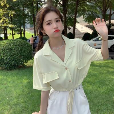 China Women's Anti-Pilling Shirt Loose Drawstring Open Short Solid Lapel Summer Navel Sleeve Short Top for sale