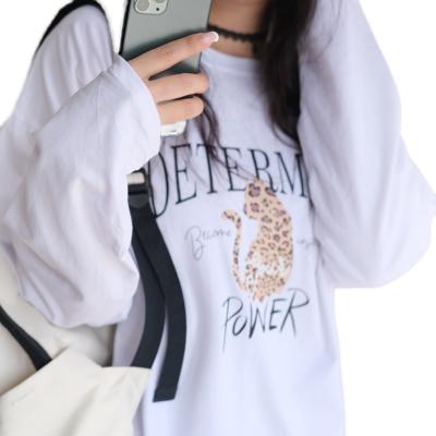 China White Anti-wrinkle Women Printing Long Sleeve Simple And Comfortable Logo Cotton T-shirt Custom Wholesale Round Neck for sale