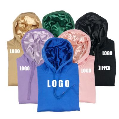 China QUICK DRY Custom Silk Fleece Pullover Logo Plain Double Layer Women's Plain Logo Satin Striped Hoodies With Satin Hood for sale