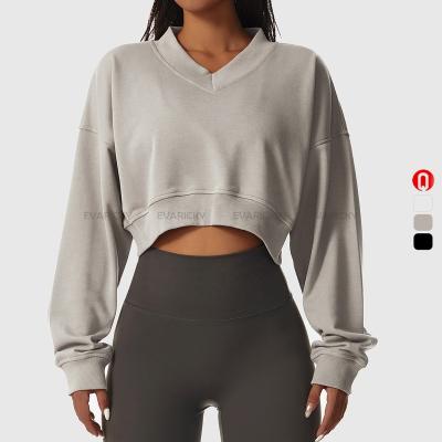 China QUICK DRY Oversized Long Sleeve Crop Top V-Neck Design Sports Wear Top Terry Fabric Gym Fitness Women Yoga Sweatshirt For Custom Logo for sale