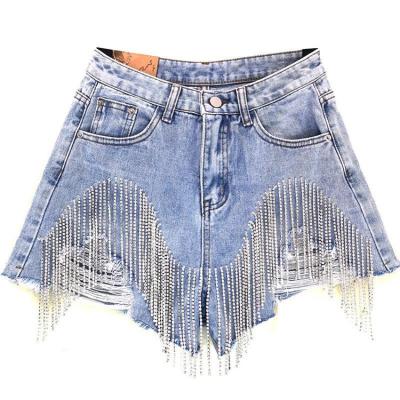 China Color Fade Proof Women Luxurious Tassel Rhinestone Fringed Jeans Shorts 2023 Summer Wide Leg Denim Female Designer High Waist Shorts for sale