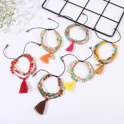 China Hot Selling Pulsera Crystal Beaded Bracelets Handmade Luxury Cotton BOHEMIA Stackable Tassel Charm Adjustable Bracelet For Girl for sale