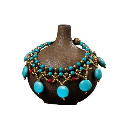 China Retro BOHEMIA Jewelry Turquoise Mom Bohemian Bracelet Round Handwoven Multilayer Bracelet Beach Pendant for sale