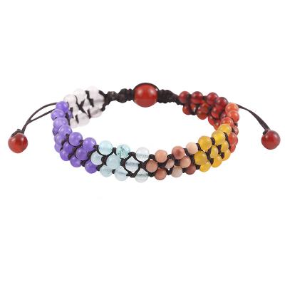 China Wholesale BOHEMIA Natural Seven Chakra Gemstone Braided Adjustable Bracelet Three Rows Color Chakra Beaded Lady Charm Bracelet for sale