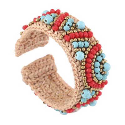 China BOHEMIA Bohemian Turquoise Crystal Bangle Retro Custom Indian Beaded Braided Wide Bangle Brass Beaded Bracelet for sale