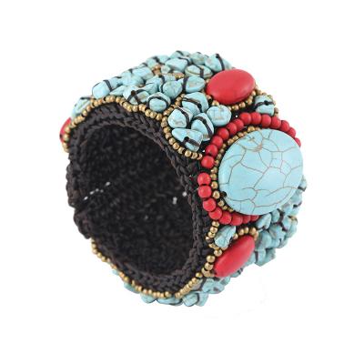 China Vintage Ethnic Turquoise Gravel Cuff Bracelet Wide Bangle Indian Handmade Waterproof Wax Thread Cuff Bangle For Women for sale