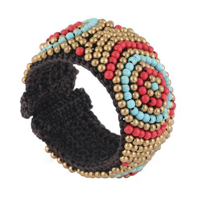 China BOHEMIA Style Turquoise Copper Thai Ethnic Bead Beaded Bracelet India Ladies Retro Personality Big Wide Bangle Bracelet Wholesale for sale