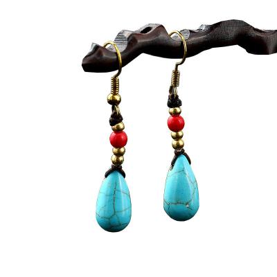 China Waterdrop Turquoise Gemstone Earring Retro Simple Handwoven Earrings Wax Ethnic Bohemian Dangling Wire Simple Earrings for sale