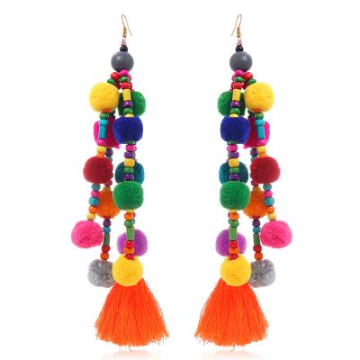 China BOHEMIA Bohemian Color Circle Earrings Beautiful Pom Pom Ball Earrings Exaggerated Holiday Long Tassel Rainbow Gypsy Multi Earring Ladies for sale