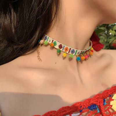 China Chic Personalized Gypsy Ball Short Choker Pom Pom Choker Necklaces For Girls Ethnic Colorful Embroidery Newcomer BOHEMIA for sale