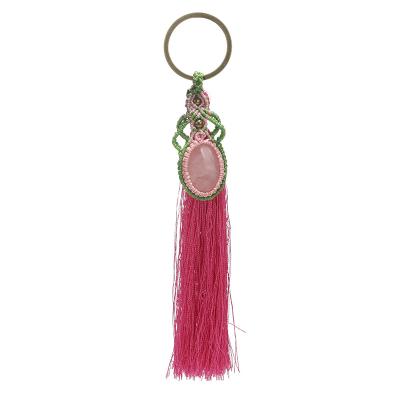 China Wax Rope Style Key Chain Custom Bohemian Dangling Natural Stone Wrapped Woven Tassel Pendant Bag Hanging Key Chain for sale