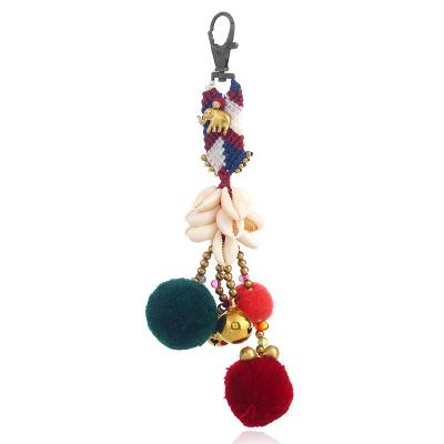 China European Pompoms and Handwoven Pendant Chain Head Antique Bronze Thai Bohemian Style Shell Wax Thread Bell for sale