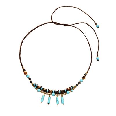 China Ethnic Headpiece Pendant Tiara Wedding Hair Jewelry Boho Turquoise Tiger Eyes Stone CSI Eyebrow Warm Heart Tassel Forehead Chain Charm Tube for sale