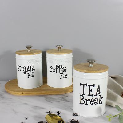 China 3pcs Stocked Farmhouse Coffee Sugar Container Set Tea Cart Set for Kitchen Storage Box with Bamboo Lid for sale