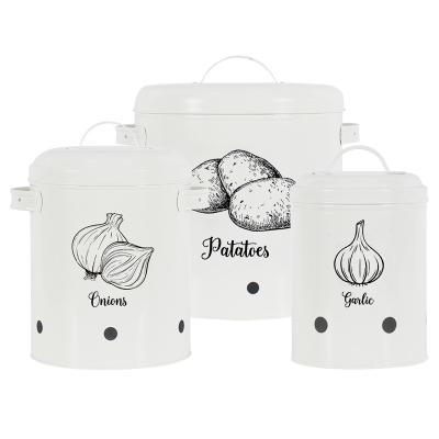 China Durable Set of 3 Antique White Countertop Food Storage Box Vintage Potato Garlic Garlic Kitchen Storage Canisters for sale