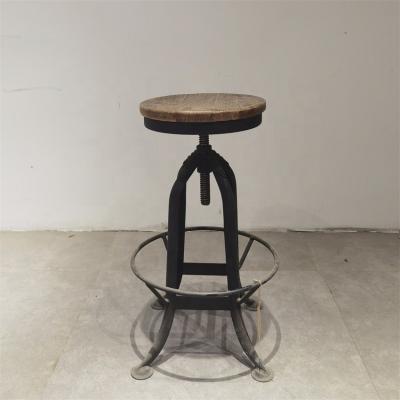 China Cheap Height Industrial Side Bar Cafe Restaurant Wood-Seat Metal Frame Dining Bar Stools Bar Chairs Old Elm Board for sale