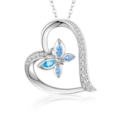 China Eco Friendly 925 Sterling Silver Blue Cubic Zirconia Hollow Heart Butterfly Necklace Pendant For Women for sale