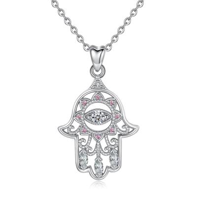 China TRENDY Pink 925 Sterling Silver Cubic Zirconia Lucky Evil Fatima Eye Hamsa Hand Necklace for sale