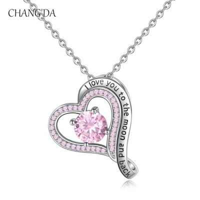 China TRENDY 925 Sterling Silver Pink Rhodium Zirconia Love Double Heart Pendant Necklace for sale