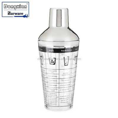 China Sustainable Stainless Steel Glass Cocktail Shaker With Perfect Measures, Strainer Lid And Drink Recipes for sale