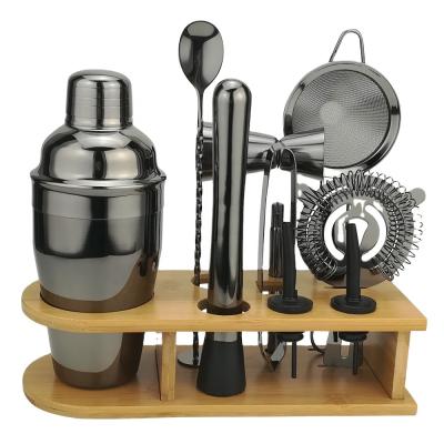 China Home & Gift Black Bartender Cocktail Shaker Bar & Bar Tool Kit Boston Black Shakers Set With Wood Or Bamboo Rack Factory Direct for sale