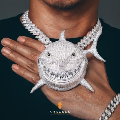 China Hiphop KRKC Hip Hop 5inch White Gold 925 Sterling Silver Rainbow Teeth Big Shark Iced Out 6ix9ine Pendant Customize Pendant for sale