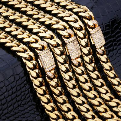 China Hip Hop Men's Jewelry 12mm Width18k CZ Diamond Buckle Stainless Steel Cuban Link Chain Gold Plated Chain Link Chain KRKC for sale