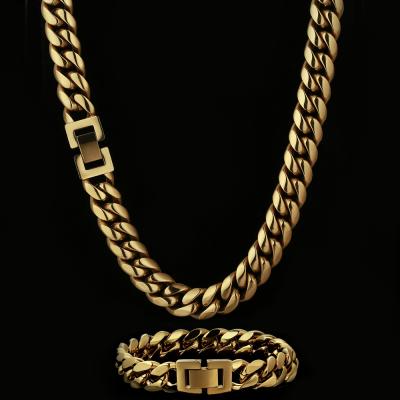 China KRKC CLASSIC Wholesale 12mm 18inch 18K Gold Plated Stainless Steel Mens Link Chain Gold Choker Necklace for sale