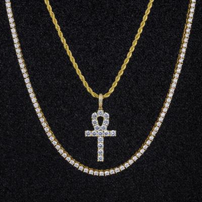 China Hiphop KRKC 14k Gold Plated Round Tennis Necklace 18inch 4mm CZ 5A Diamond Tennis Chain Women Hip Hop Jewelry Set for sale