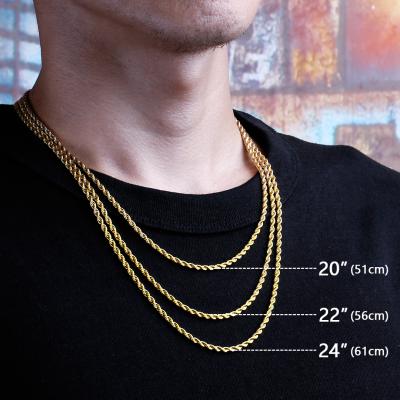 China Wholesale KRKC CLASSIC 24in Thick 3mm Gold PVD Plated Jewelry Stainless Steel Rope Chain Hip Hop 18k Gold Filled Mens Rope Necklace for sale