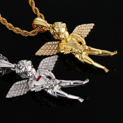 China Cute Cubic Zirconia Angel Pendant Necklace Iced Cubic Guardian Cupid High Quality KRKC CZ Angel Baby Wing Love Heart Cherub Chain Choker Necklace for sale