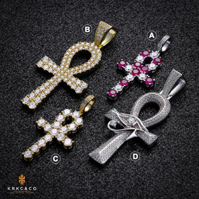 China Custom Charm Hip Hop Ankh CZ Jewelry 925 Sterling Silver 14k 18k White Gold Plated Ankh Cross Necklace For Women Pendant for sale