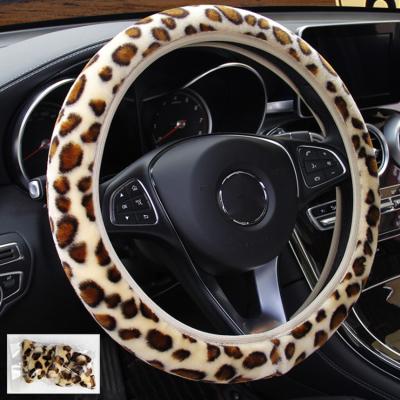 China Fancy QCI065 Universal Fluffy Car Steering Wheel Cover Without Ring Elastic Band Leopard Print Plush Car Steering Wheel Cover Interior for sale