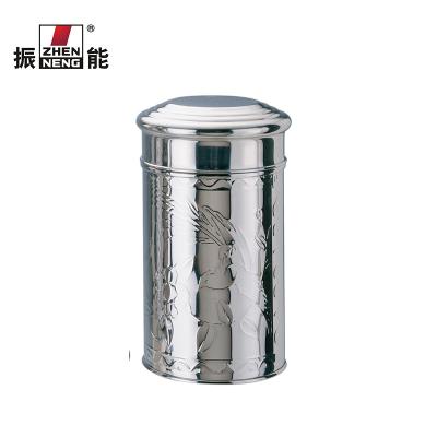 China 250g Cylinder Straight Type Eco-friendly Stainless Steel Tea Cart With Round Customized Logo Wholesale for sale