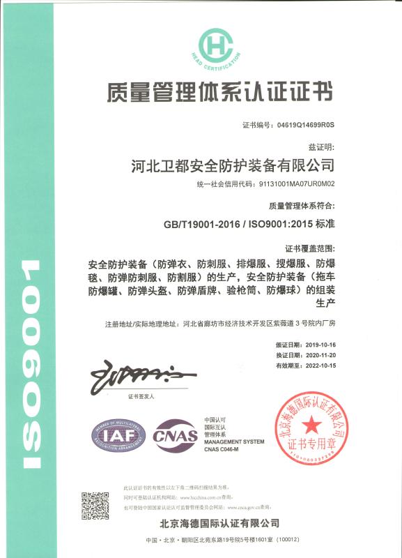 ISO9001 - Hebei Weidu Safety Protection Equipment Co.,ltd.