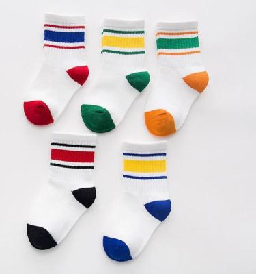 China Antibacterial Pack of 5 Boys Girls Children Kids Cartoon Tube White Stripe Socks for sale