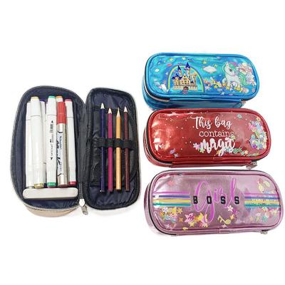 China Durable School Large Capacity Double Multifunctional Coloring Zipper Kids PU Leather Pencil Case for sale