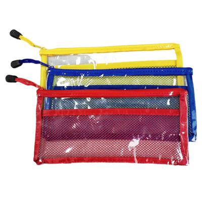 China Free Sample A6 Small Stationery Storage Zipper Coloring Bag Durable School Pouch Clear Pencil Case Bag Custom With Mesh Pocket for sale