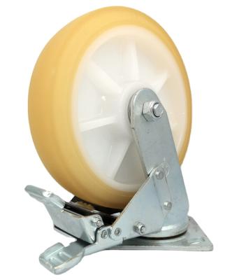 China Flat Plate Caster Popular Industrial Caster Wheels Heavy Duty PU Wheel With 8 Inch Thermoplastiic Polyurethane 4inch Brake Wheels 240.50mm for sale