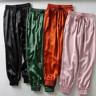 China Anti Wrinkle Women's 100%Polyester Slip Satin Drawstring Waist Loose Yoga Pants for sale