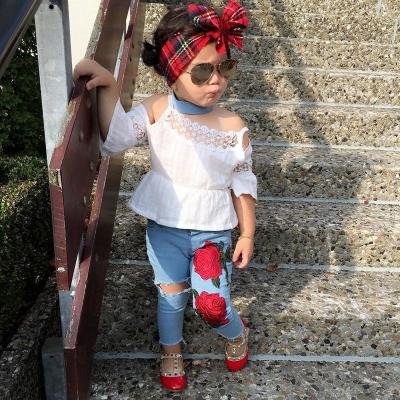 China European Lolita Style Ready Made Clothing Kids Clothes Sets Off-Shoulder Top+ Rose Flower Jeans for sale