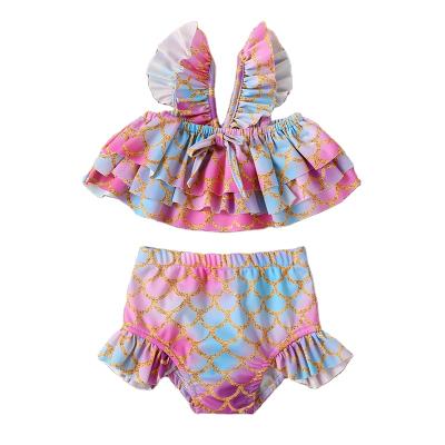 China Breathable Babies Swimming Suits 2021 Summer Kids Baby Cartoon Ruffle Swimwear Swimsuit Sleeveless Bikini Outfits for sale