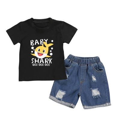 China Boy Casual Wholesale Loose Printing Summer Children Short Sleeve With Jeans Shorts Kids Children Clothing Set Children for sale