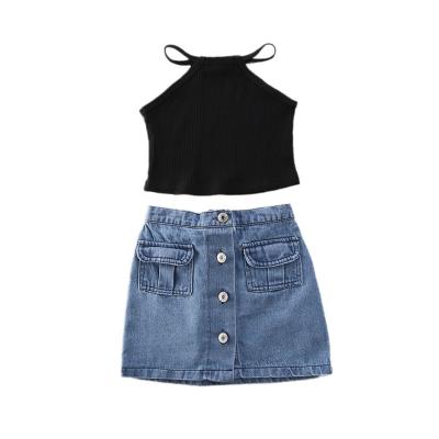 China 2021 Summer 2-6Y Toddler Baby Kids Casual Clothing Set Black Vest T-shirt Top Denim Skirts Outfits Set 2PCS for sale