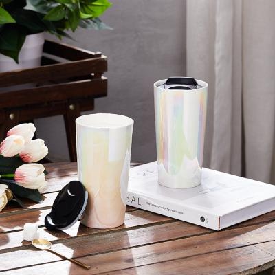 China Minion style coffee travel ceramic mug drinkware European modern outdoor viable customer double wall with pp lid for sale