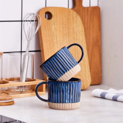 China Wholesale Viable High Quality Reactive Blue Striped Luster Custom Stoneware Tea Mug Ceramic Coffee Mug With Logo for sale