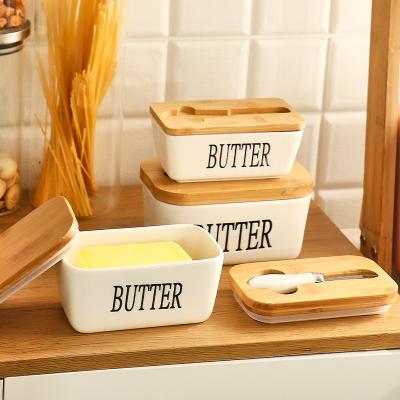 China European Modern White Bamboo Container Lid Rectangle Style Ceramic Butter Dish Eco-friendly Sustainable Butter Dish With Knife for sale