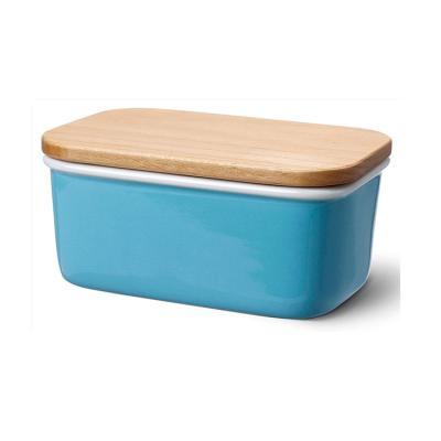 China Viable Hot Selling High Quality Luster Kitchen Tableware Color Rectangular Porcelain Butter Dish With Wooden Lid for sale